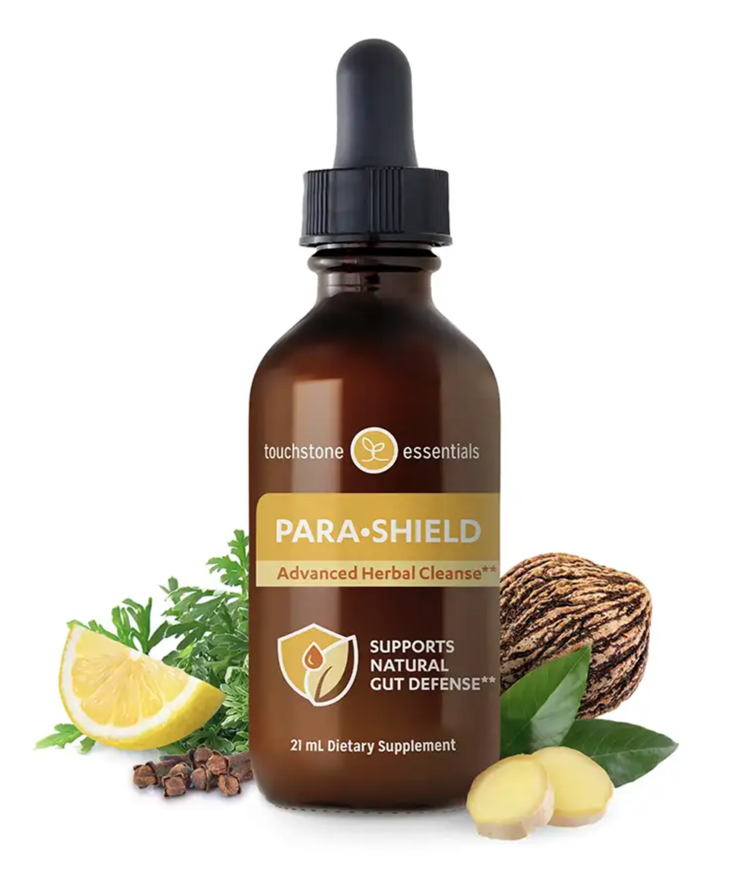 Touchstone Essentials Para-Shield, an advanced herbal cleanse in an amber dropper bottle, surrounded by lemon, cloves, wormwood, ginger and black walnut