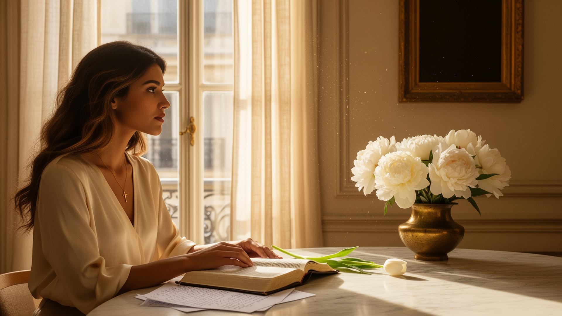 Anavé. A Kingdom woman in quiet contemplation with her Bible, white peonies and golden Parisian light.