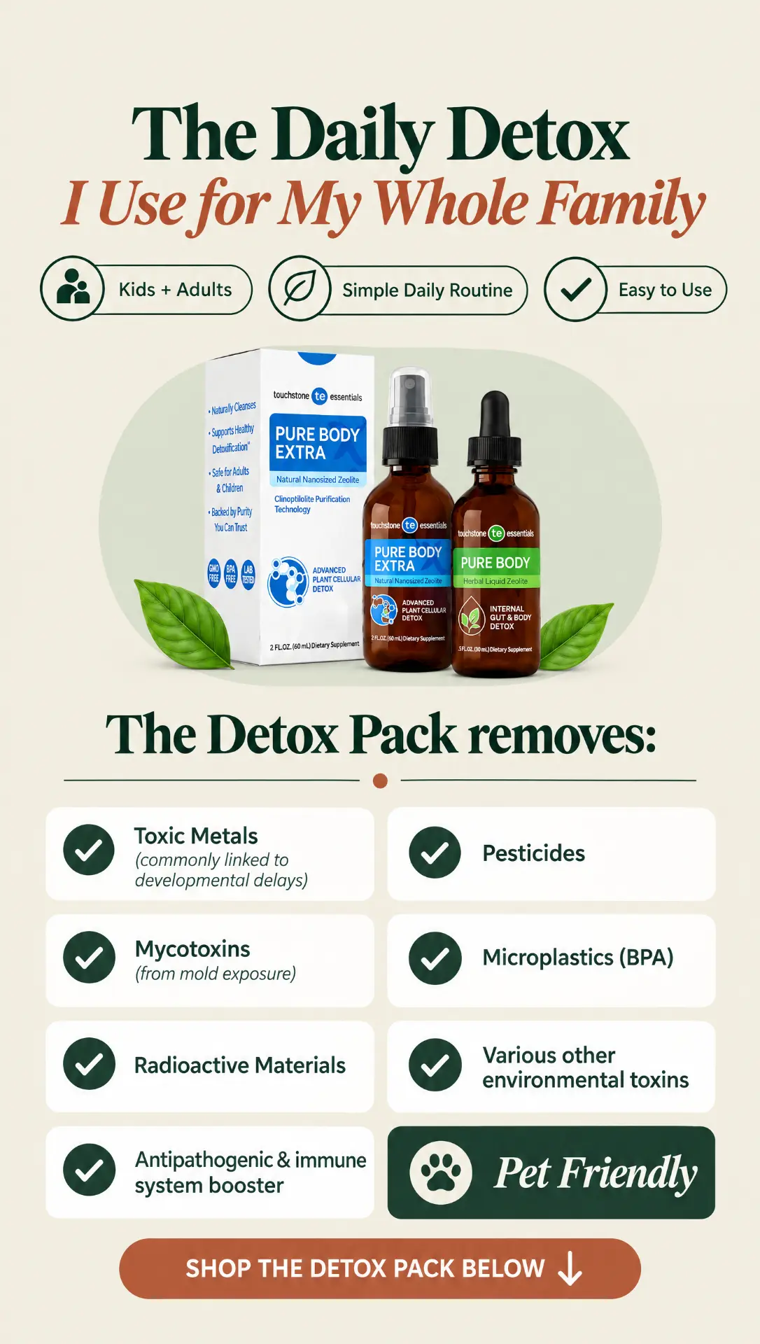 The Daily Detox: Pure Body and Pure Body Extra bottles, and the toxins the Detox Pack removes, including toxic metals, pesticides, mycotoxins, microplastics and radioactive materials
