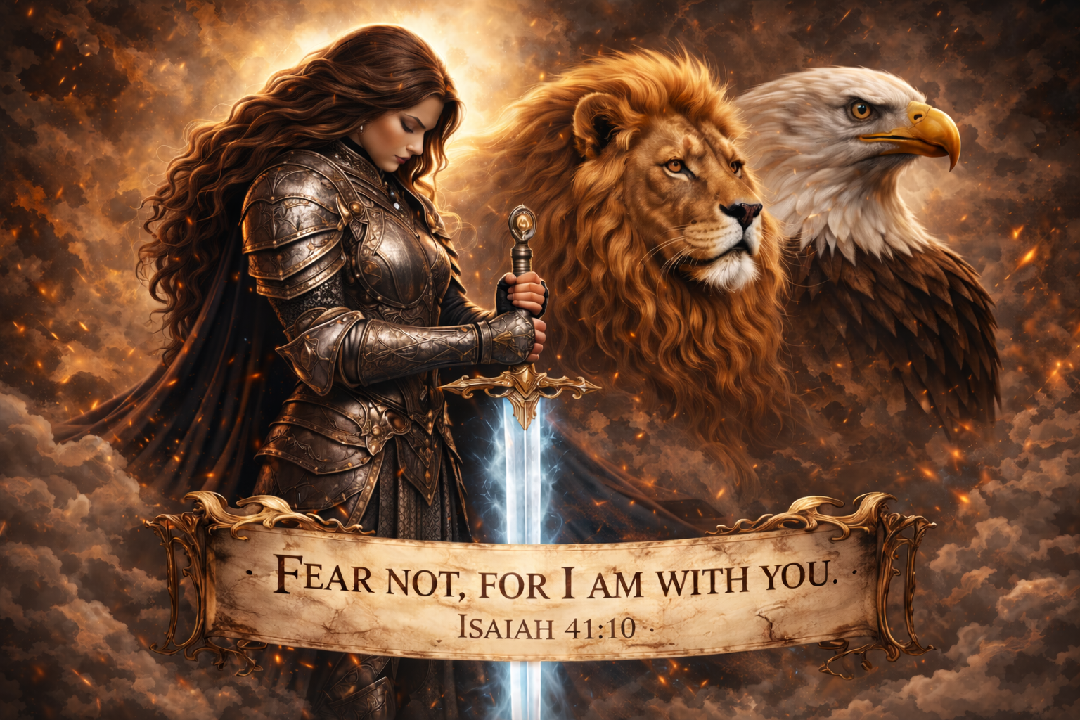 Fear not, for I am with you — Isaiah 41:10. A warrior in armor with sword, lion and eagle.
