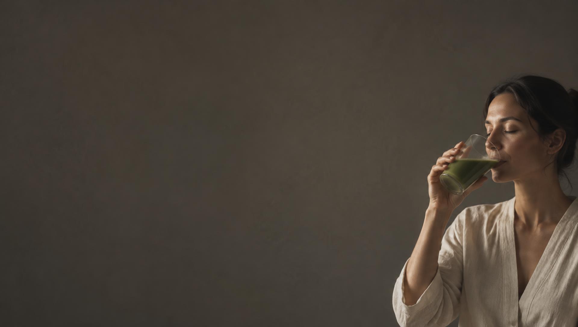A woman at peace drinking a health supplement