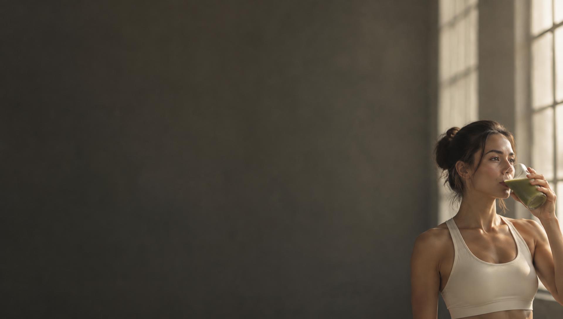 A woman in activewear drinking a health supplement in a sunlit studio