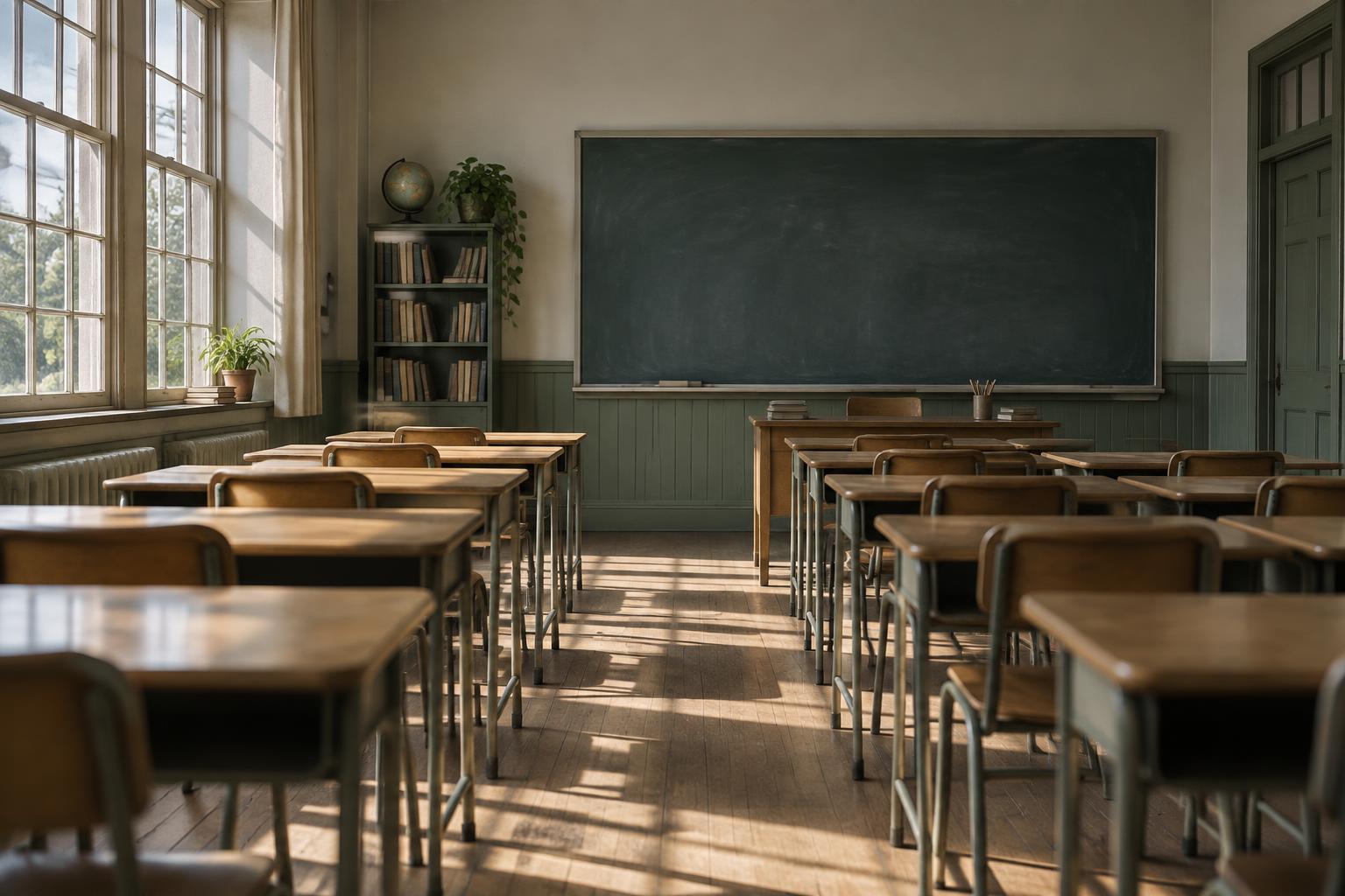 An empty classroom arranged in uniform rows