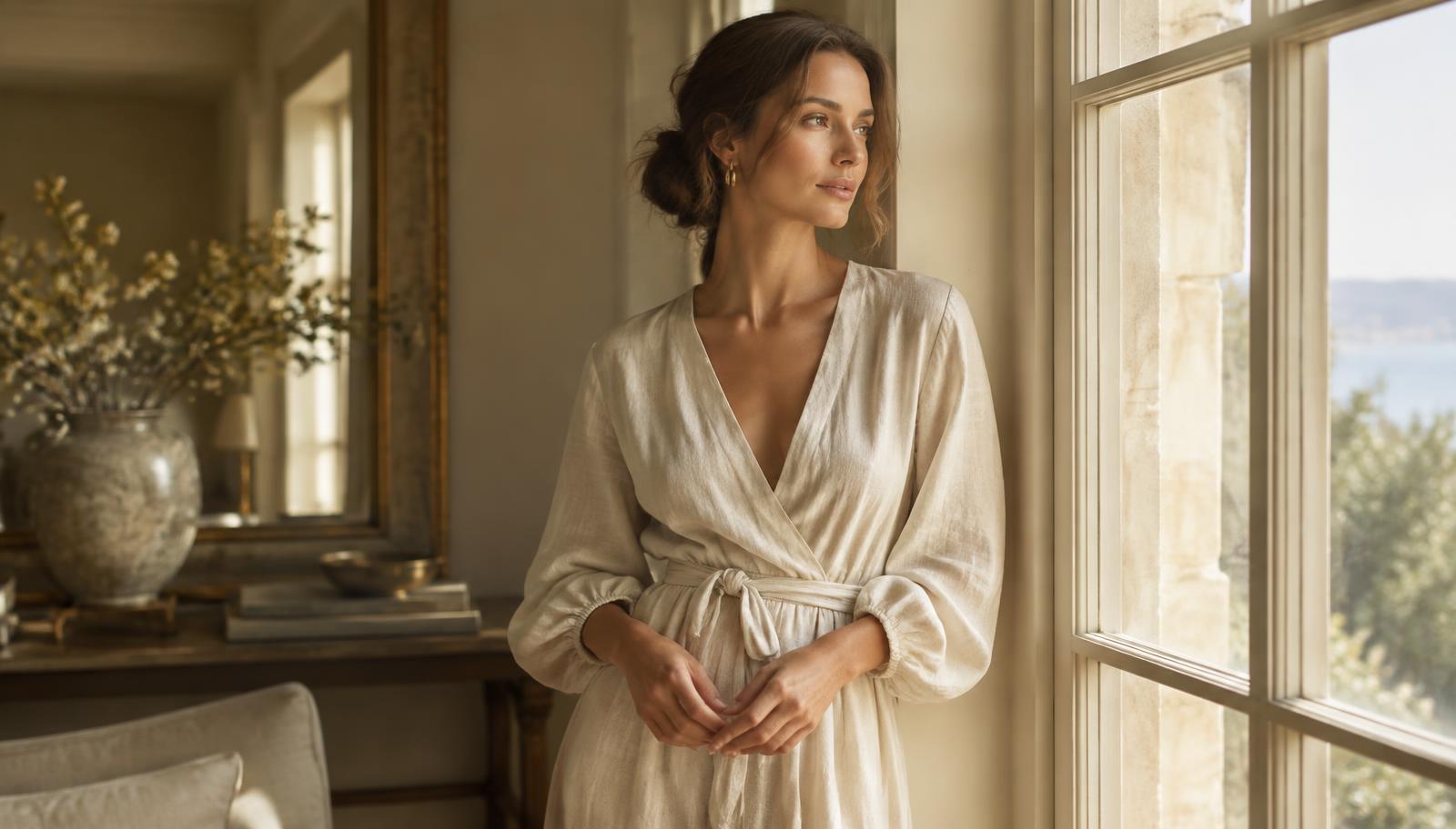 A woman in a soft linen dress standing peacefully by a tall window in morning light
