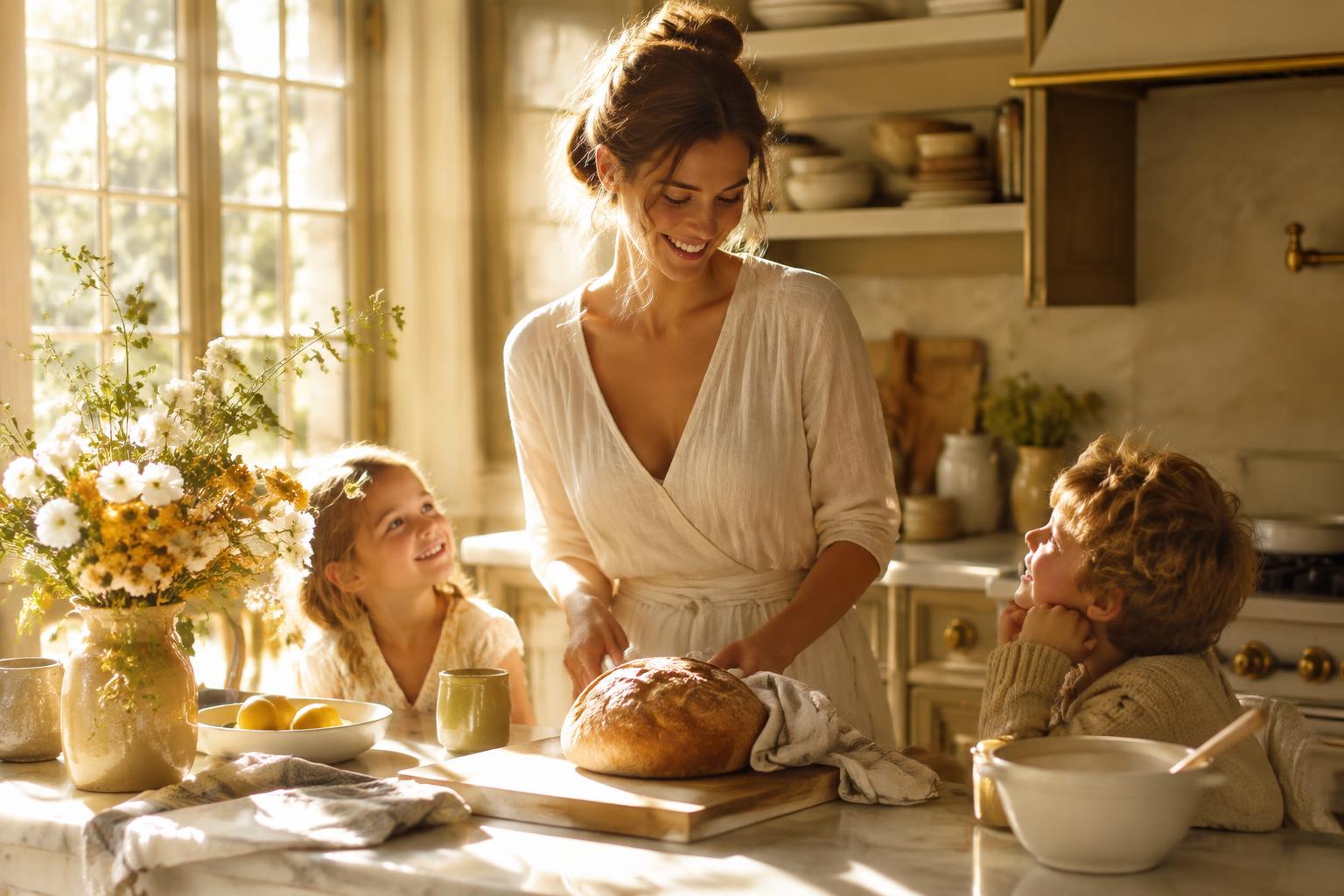 A joyful woman baking bread with her children in a sunlit kitchen