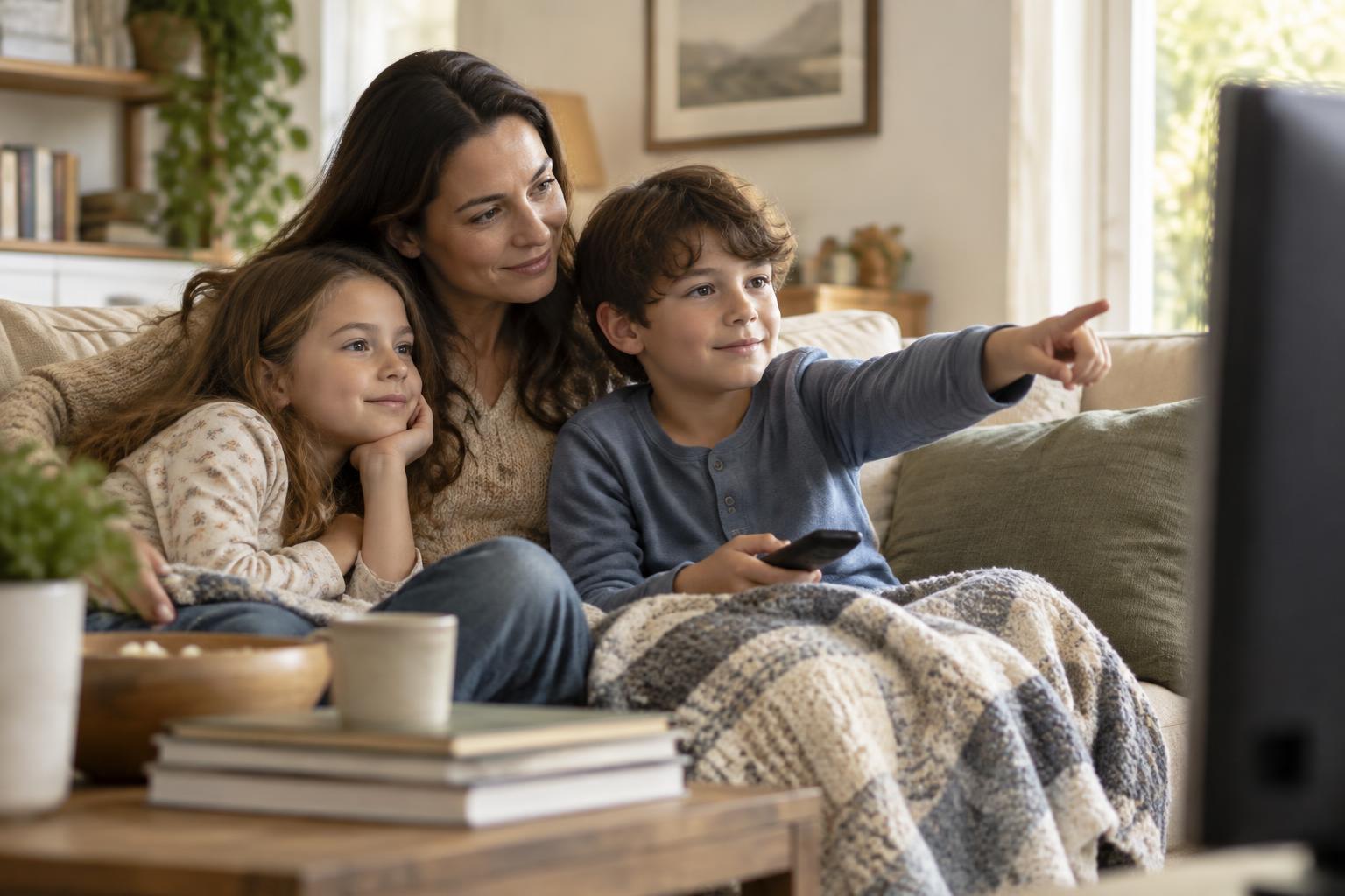 A mother thoughtfully watching a family programme with her children