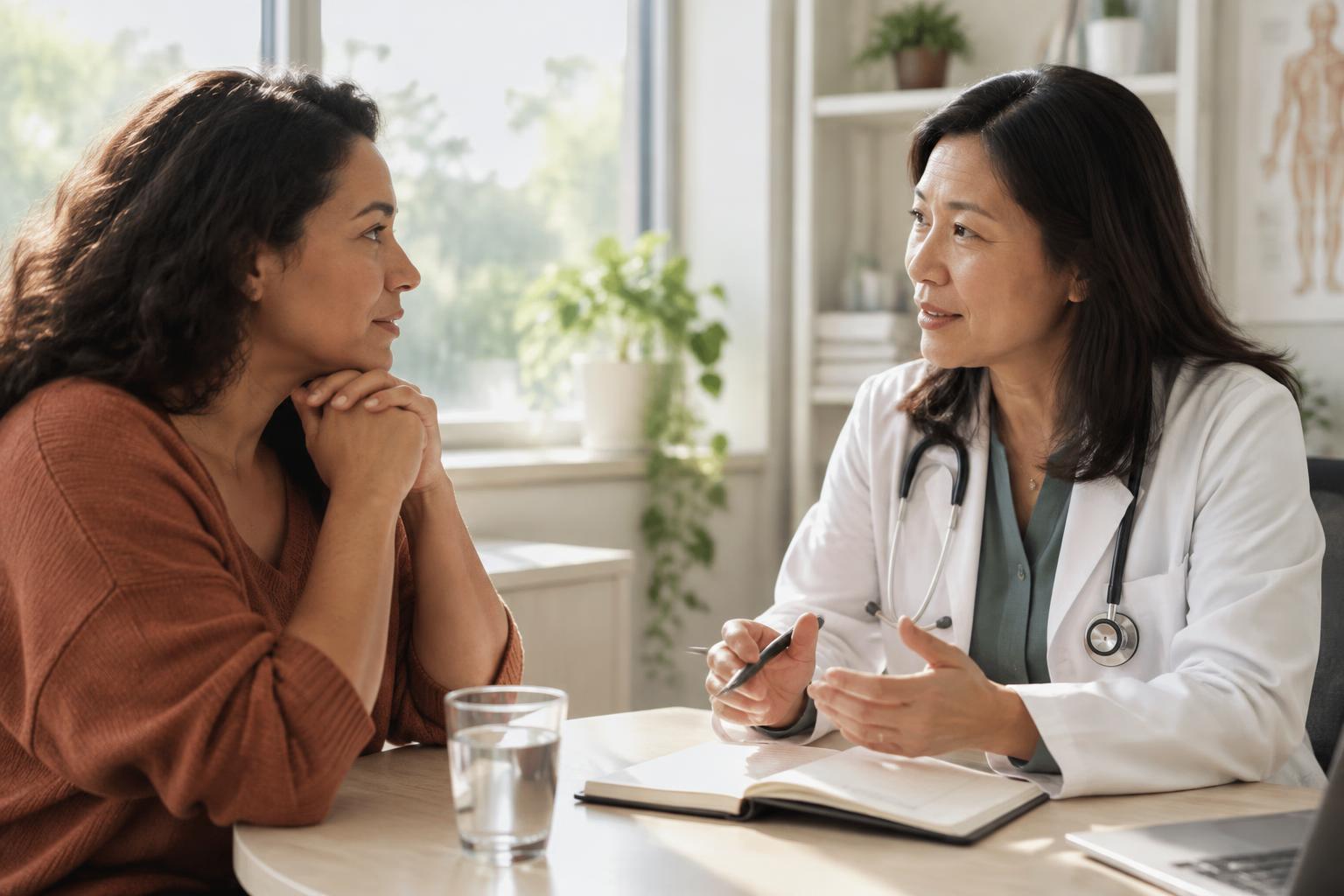 A woman having a thoughtful conversation with her doctor