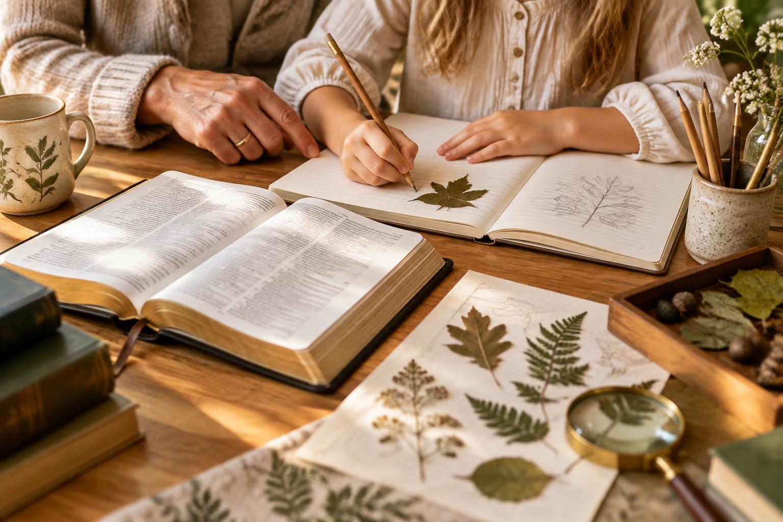 A parent guiding a child through Bible and nature study at home