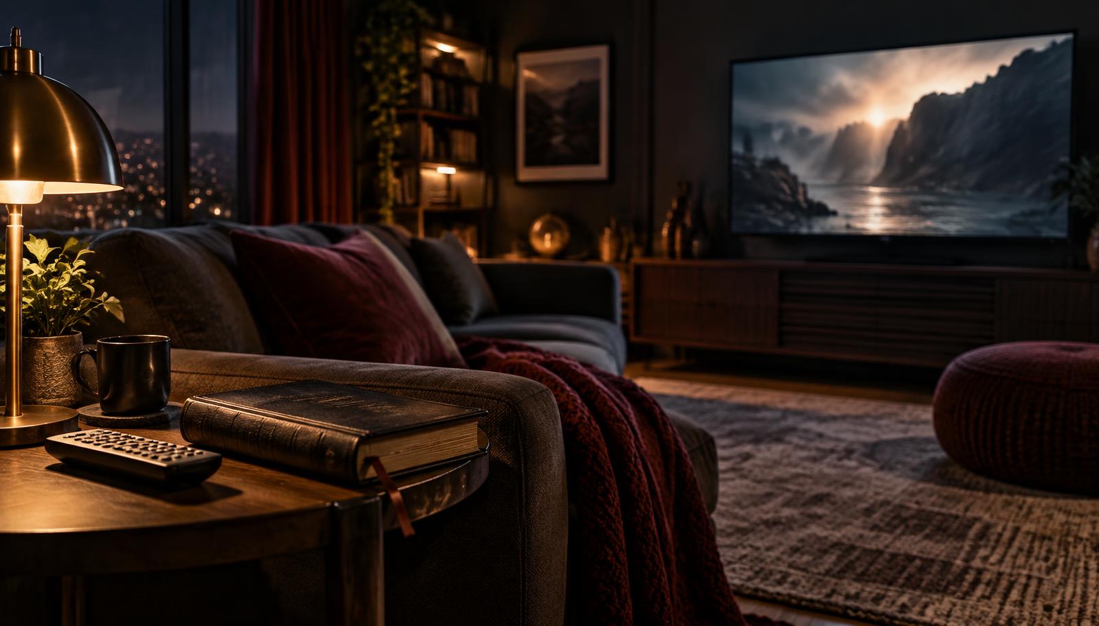 A dark living room illuminated by a television with a Bible beside the remote control