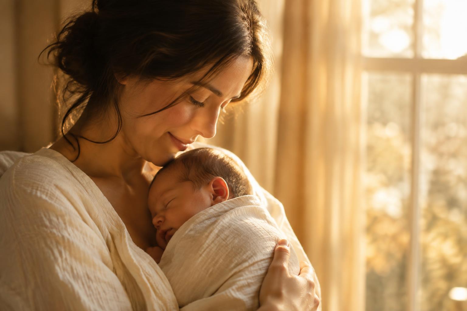 A mother holding her newborn baby in warm window light
